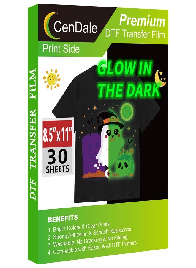 CenDale Glow in The Dark DTF Film - 8.5"x11" 30 Sheets Glow in The Dark DTF Transfer Film for Dark/Light T Shirt Textile, Luminous Green Premium Direct to Film DTF Paper Cold Peel DTF Transfer Sheets - Image 1