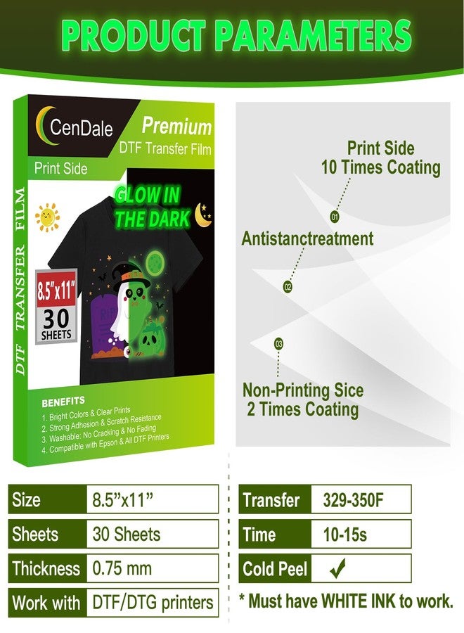 CenDale Glow in The Dark DTF Film - 8.5"x11" 30 Sheets Glow in The Dark DTF Transfer Film for Dark/Light T Shirt Textile, Luminous Green Premium Direct to Film DTF Paper Cold Peel DTF Transfer Sheets - Image 5