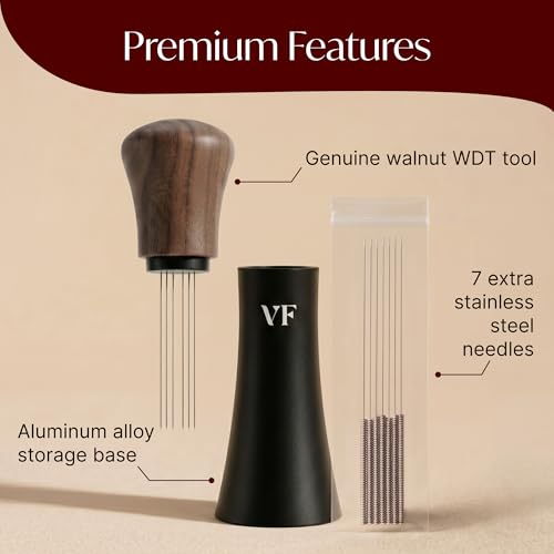 VIN FRESCO WDT Espresso Distribution Tool Coffee Distributor with Walnut Wood Handle With 7 x 035mm 304 Stainless Steel Needles 7 Extra Needles For Even Espresso Extraction Crema Black Walnut - Image 3