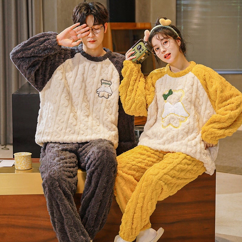 Couple Pajamas Winter Women'S Coral Fleece Cute Cartoon Fleece-Lined Thickened Autumn Men'S Flannel Home Clothes Suit - Image 3