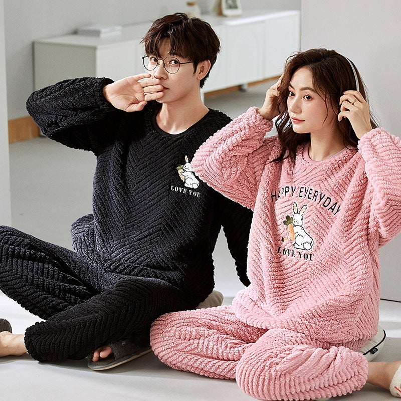 Couple Pajamas Winter Women'S Coral Fleece Cute Cartoon Fleece-Lined Thickened Autumn Men'S Flannel Home Clothes Suit - Image 1