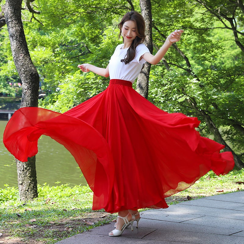 720 Degree Double Layer Large Hem Red Chiffon Skirt Dance Skirt Dance Long Skirt Square Dance Skirt Performance - Image 1