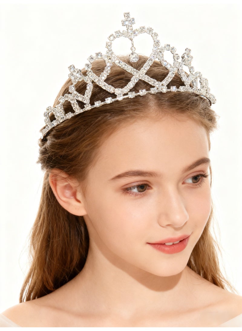 تاج كريستالي للفتيات، تاج أميرة فضي للأطفال لحفلات أعياد الميلاد وعصابات رأس مرصعة بأحجار الراين، قطع رأس للعروس والزفاف للفتيات والأطفال - Image 1