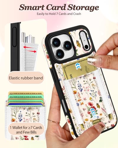 Shorogyt for iPhone 17 Pro Max Case Wallet - Fits 5 Cards, Compatible with Magsafe Detachable Magnetic Credit Card Holder Leather Cardholder Cute Phone Cover Women Girls for Apple 17 ProMax, Floral - Image 3