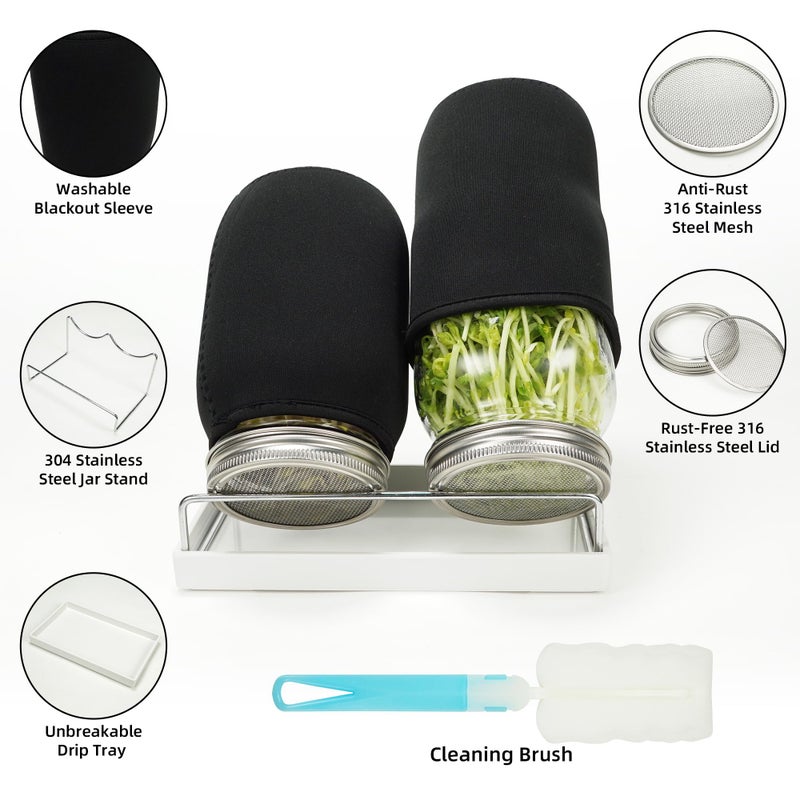 Zeato Sprouting Jar Kit Seed Sprouter Set for Growing Broccoli, Alfalfa, Mung Bea, Premium Stainless Steel Screen Sprout Lids, 2 Wide Mouth Mason Jars, Blackout Sleeves, Tray, Stand and Canning Brush - Image 2