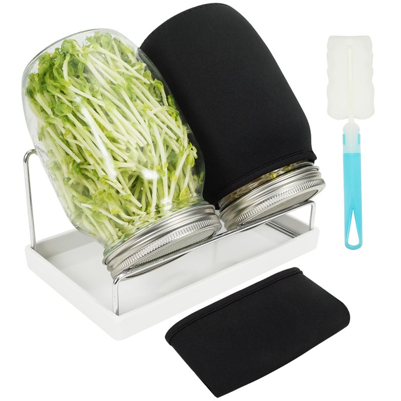 Zeato Sprouting Jar Kit Seed Sprouter Set for Growing Broccoli, Alfalfa, Mung Bea, Premium Stainless Steel Screen Sprout Lids, 2 Wide Mouth Mason Jars, Blackout Sleeves, Tray, Stand and Canning Brush - Image 1