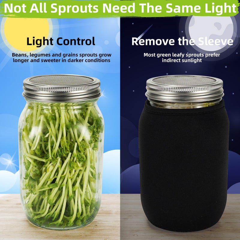 Zeato Sprouting Jar Kit Seed Sprouter Set for Growing Broccoli, Alfalfa, Mung Bea, Premium Stainless Steel Screen Sprout Lids, 2 Wide Mouth Mason Jars, Blackout Sleeves, Tray, Stand and Canning Brush - Image 3