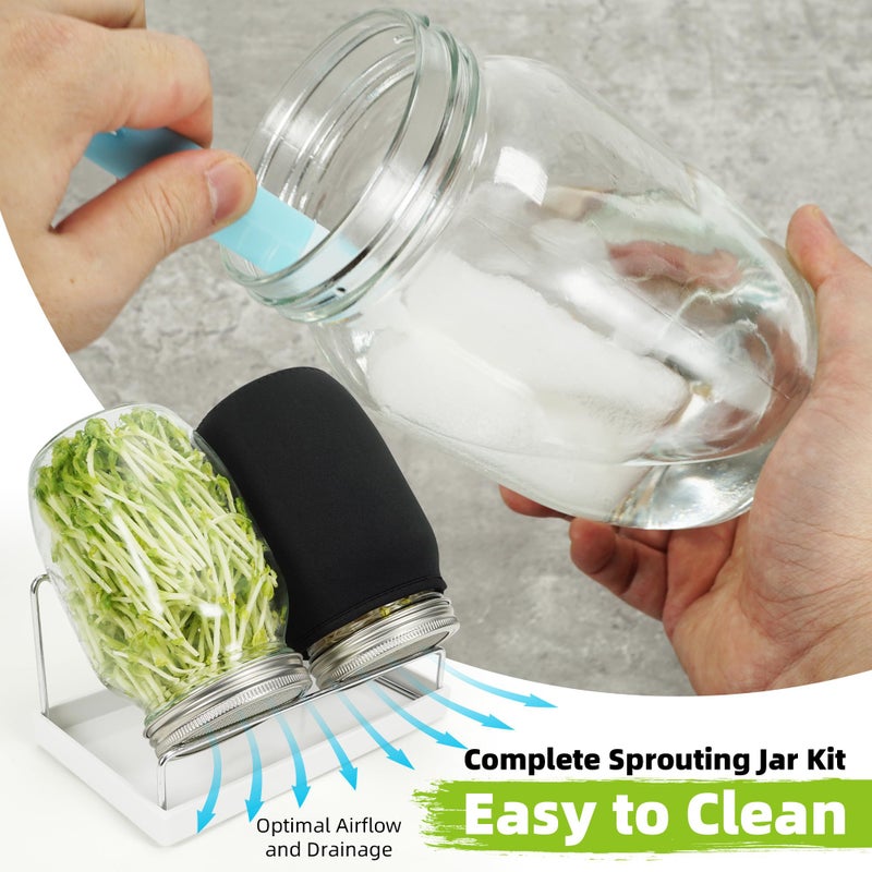 Zeato Sprouting Jar Kit Seed Sprouter Set for Growing Broccoli, Alfalfa, Mung Bea, Premium Stainless Steel Screen Sprout Lids, 2 Wide Mouth Mason Jars, Blackout Sleeves, Tray, Stand and Canning Brush - Image 5