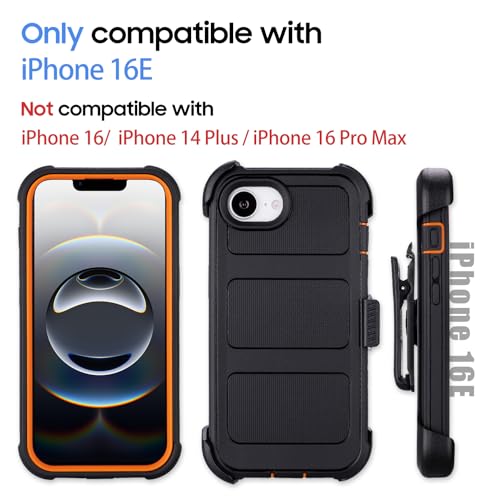 Saiboro for Defender Phone Case iPhone 16 e Case with Belt Clip, for Shockproof iPhone 16e PhoneCase Rugged, 2 Layers of Sturdy for iPhone16e Cases Heavy Duty, Military-Grade Cover for 16eCase Black & Orange - Image 2