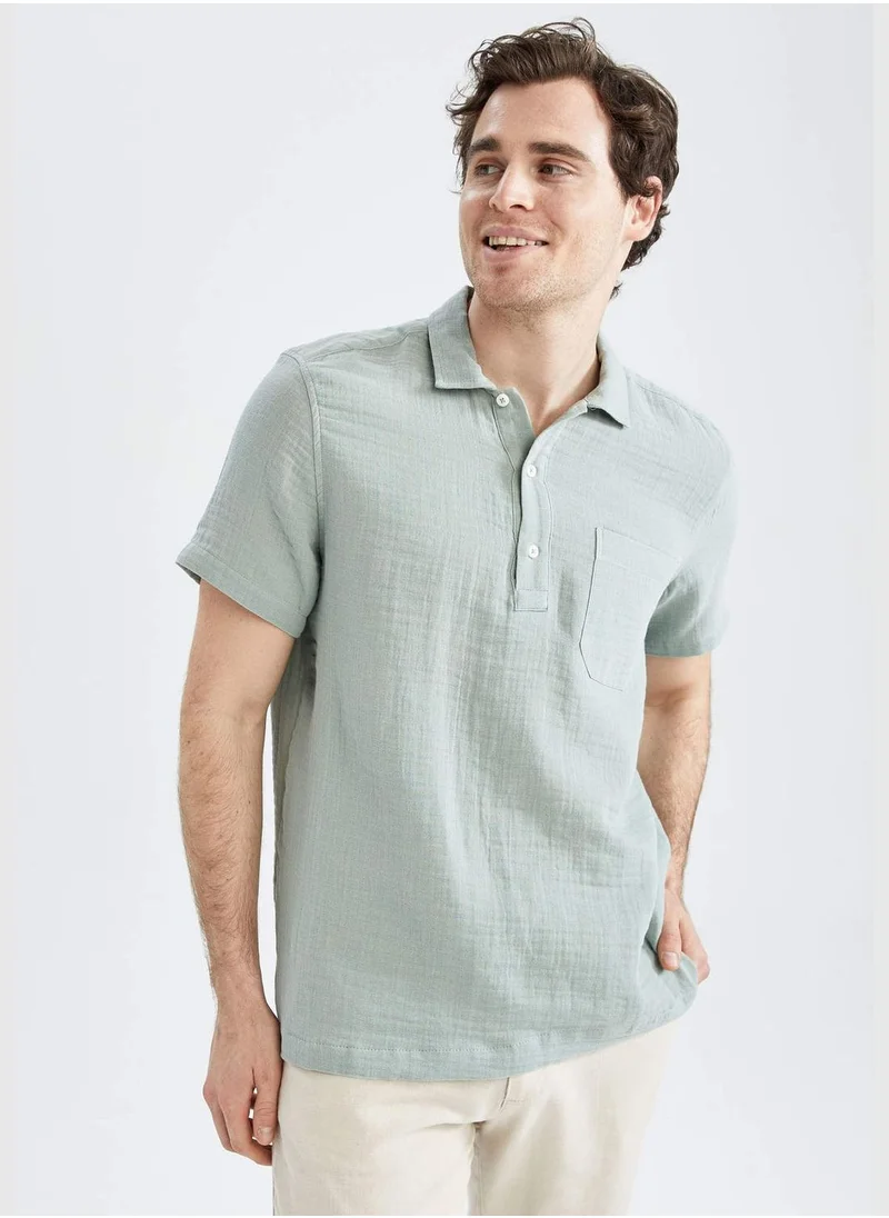 DeFacto Man Regular Fit Polo Neck Woven Short Sleeve Shirt