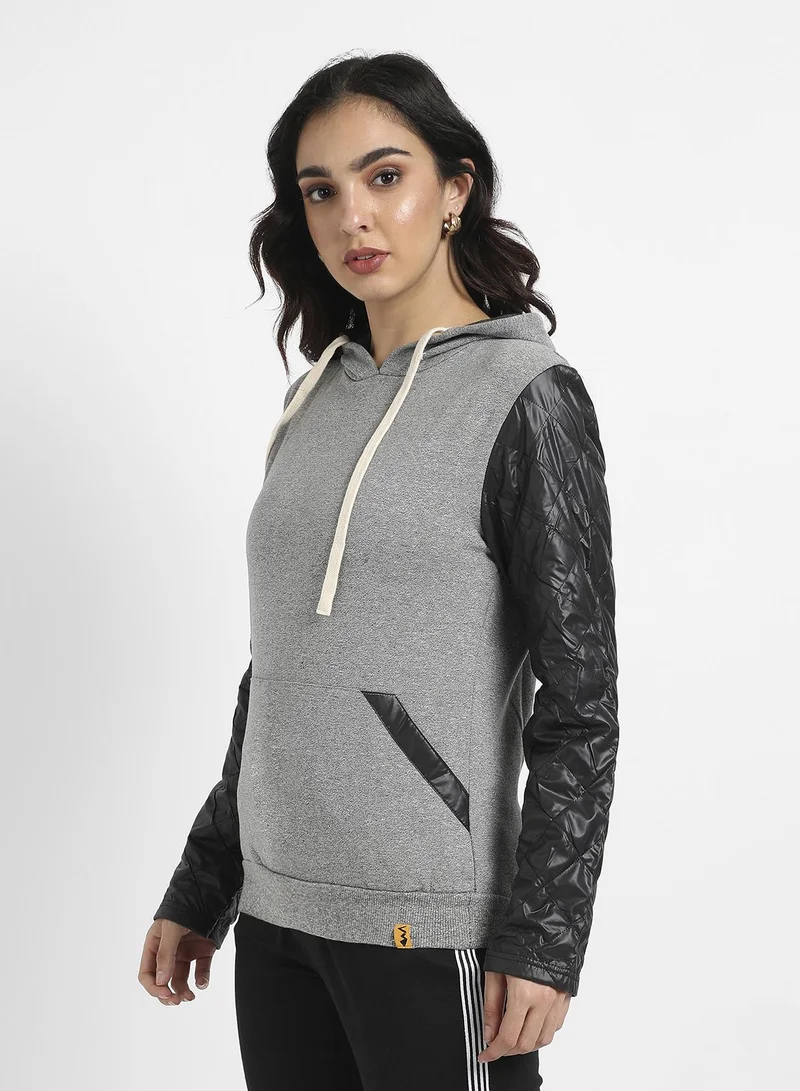 Campus Sutra Women's Grey & Black Pullover Sweatshirt With Quilted Sleeves