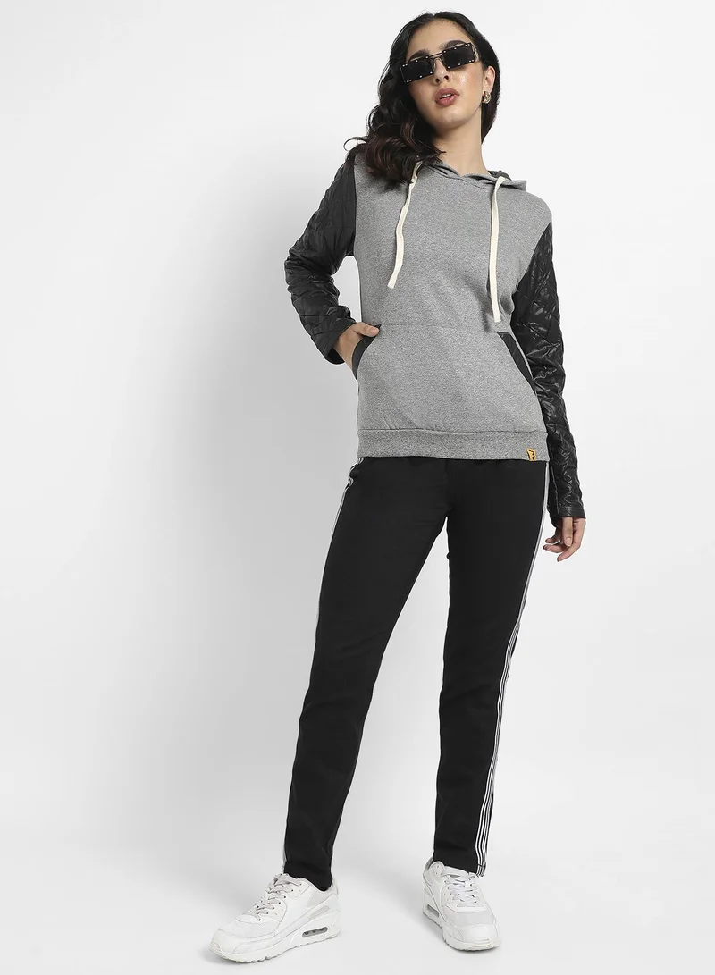 Campus Sutra Women's Grey & Black Pullover Sweatshirt With Quilted Sleeves