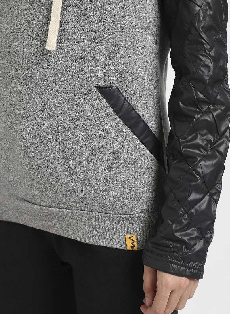 Campus Sutra Women's Grey & Black Pullover Sweatshirt With Quilted Sleeves