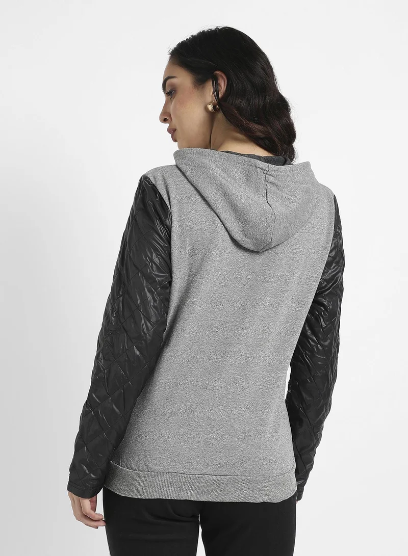 Campus Sutra Women's Grey & Black Pullover Sweatshirt With Quilted Sleeves