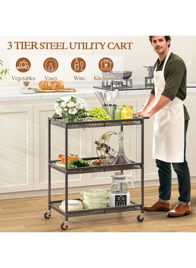 ThreeHio 3 Tier Rolling Utility Kitchen Cart, Heavy Duty Wire Rolling Cart on Wheels, Commercial Metal Serving Carts with Handle, Kitchen Island Plant Shelf Food Storage Trolley for Laundry, Office, Garage - Image 4