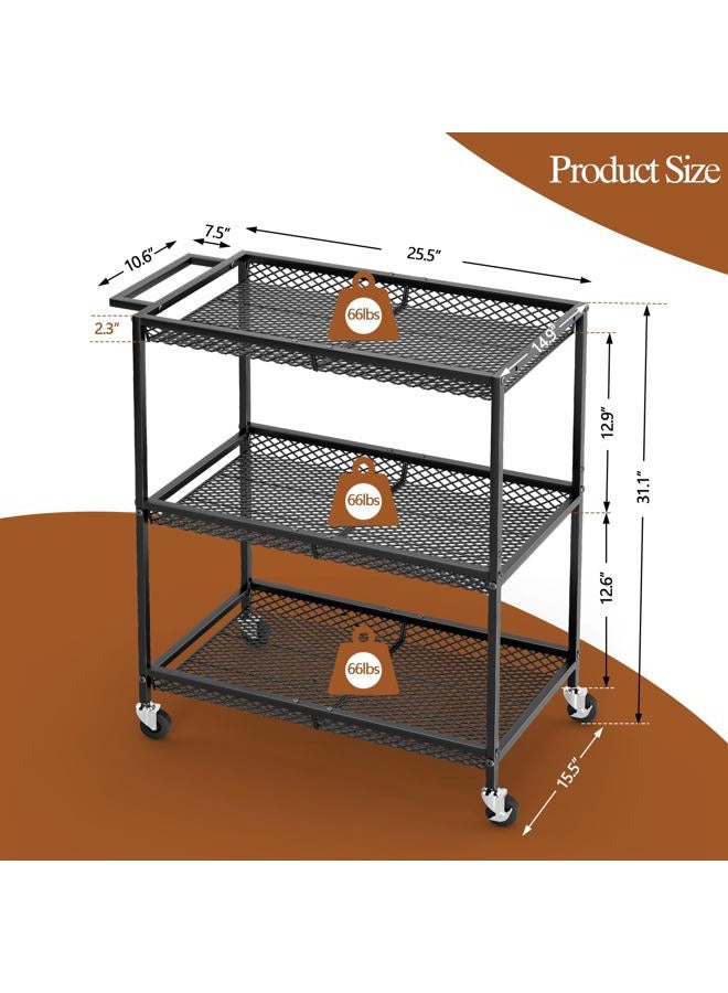 ThreeHio 3 Tier Rolling Utility Kitchen Cart, Heavy Duty Wire Rolling Cart on Wheels, Commercial Metal Serving Carts with Handle, Kitchen Island Plant Shelf Food Storage Trolley for Laundry, Office, Garage - Image 3