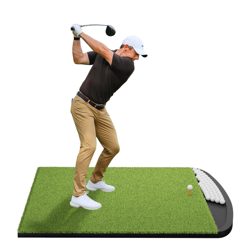 Ponsonbay Integrated Golf Hitting Mat with Curved Ball Tray 5x4ft 6x4ft 26mm 31mm Thickening Golf Practice Mats Indoor & Outdoor, Durable Golf Turf Matt with 3 Tees for Hitting Chipping Striking, Swinging - Image 1