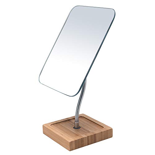 YEAKE Flexible Gooseneck Bamboo Vanity Makeup Mirror,360°Rotation 8" Large Frameless, Folding Portable Table Desk Mirror with Stand for Bathroom Shaving Make Up, Rectangle - Image 1