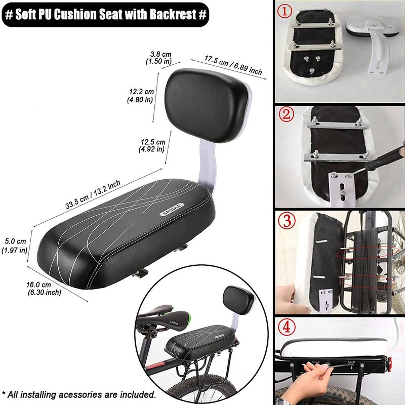 CenterZ Bike Rear Seat Cushion with Safety Backrest + Backseat Armrest Handrail + Foldable Hidden Bicycle Footrests + Handlebar Bell (Universal Cycling Kit with Installing Repairing Tools Set), Black - Image 2