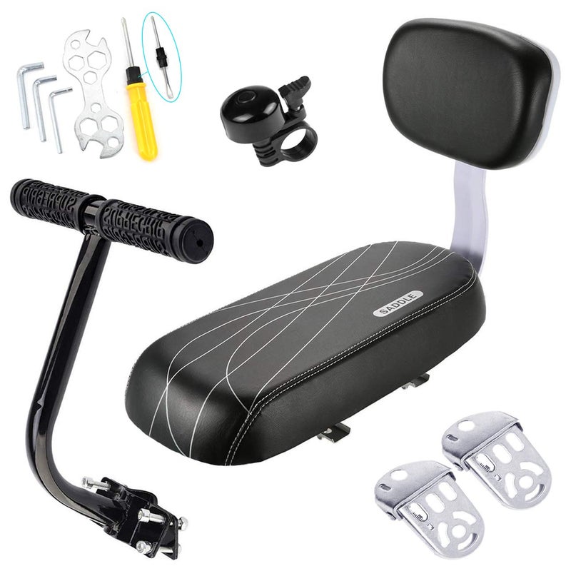 CenterZ Bike Rear Seat Cushion with Safety Backrest + Backseat Armrest Handrail + Foldable Hidden Bicycle Footrests + Handlebar Bell (Universal Cycling Kit with Installing Repairing Tools Set), Black - Image 1