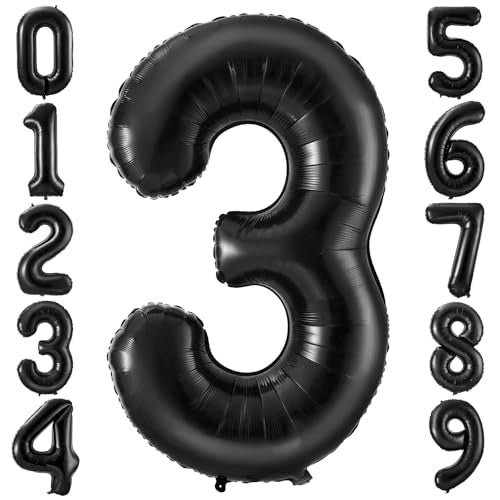 BBPOOL Black 3 Balloon Number40 Inch Number 3 Balloon Large Black 3 Foil Mylar Helium Balloon for Birthday Party Decorations - Image 1