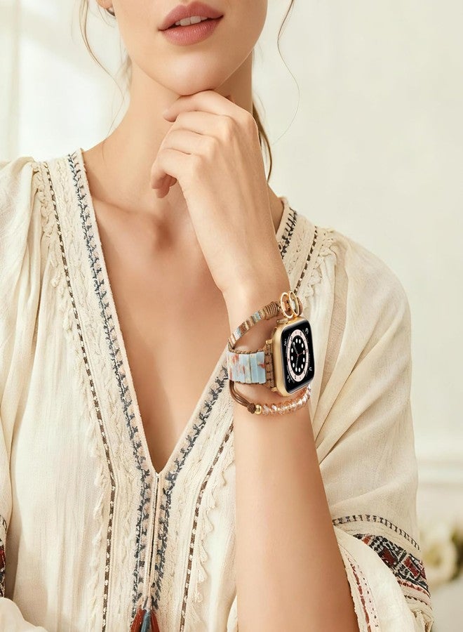 MOFREE Boho Leather Bracelet Compatible with Apple Watch Band for Women 38mm 40mm 41mm 42mm, Handmade Natural Stone Beaded Wrap Strap Bands for iWatch Band Series 11/10/9/8/7/6/5/4/3/2/1/SE Brown - Image 4