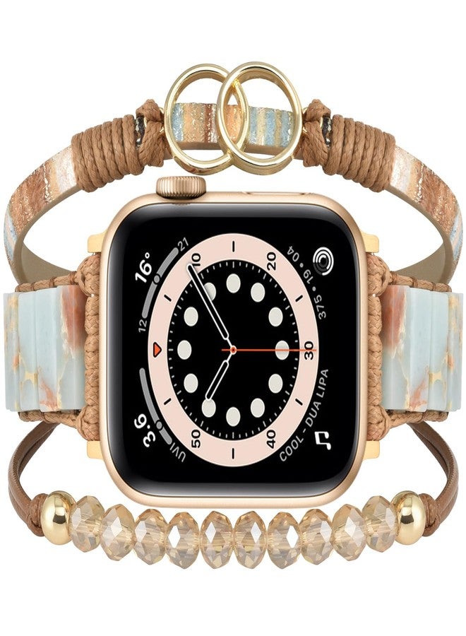 MOFREE Boho Leather Bracelet Compatible with Apple Watch Band for Women 38mm 40mm 41mm 42mm, Handmade Natural Stone Beaded Wrap Strap Bands for iWatch Band Series 11/10/9/8/7/6/5/4/3/2/1/SE Brown - Image 1