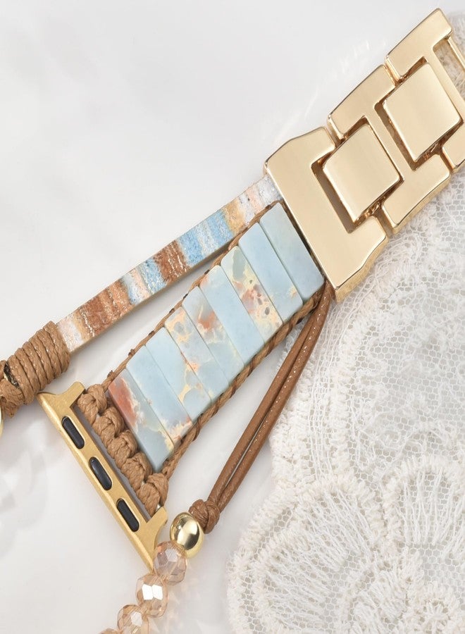 MOFREE Boho Leather Bracelet Compatible with Apple Watch Band for Women 38mm 40mm 41mm 42mm, Handmade Natural Stone Beaded Wrap Strap Bands for iWatch Band Series 11/10/9/8/7/6/5/4/3/2/1/SE Brown - Image 2