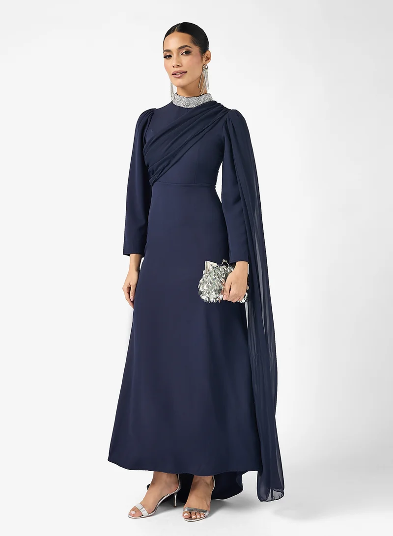 Khizana Draped Dress With Shoulder Trail