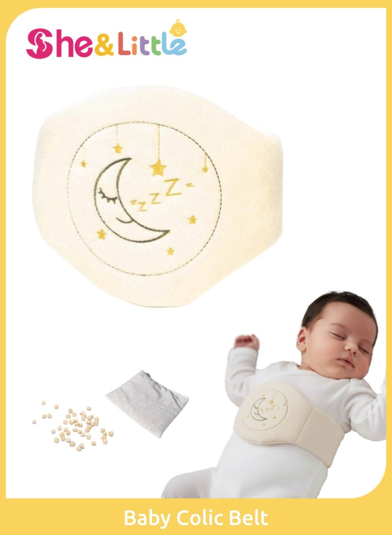 حزام المغص للرضع الأطفال بنواة الكرز، حزام مغص الاطفال مصنوع من قطن نقي قابل للتعديل بنسبة 100٪،حزام منع المغص،  وسادة تدفئة لبطن الرضيع لتخفيف الغازات والمغص (قمر) - Image 1