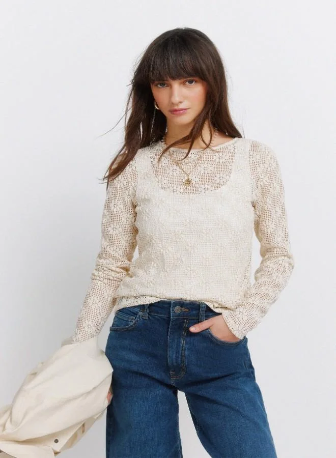 Jersey-knit sheer floral border print funnel neck back-buttoned long sleeve T-shirt