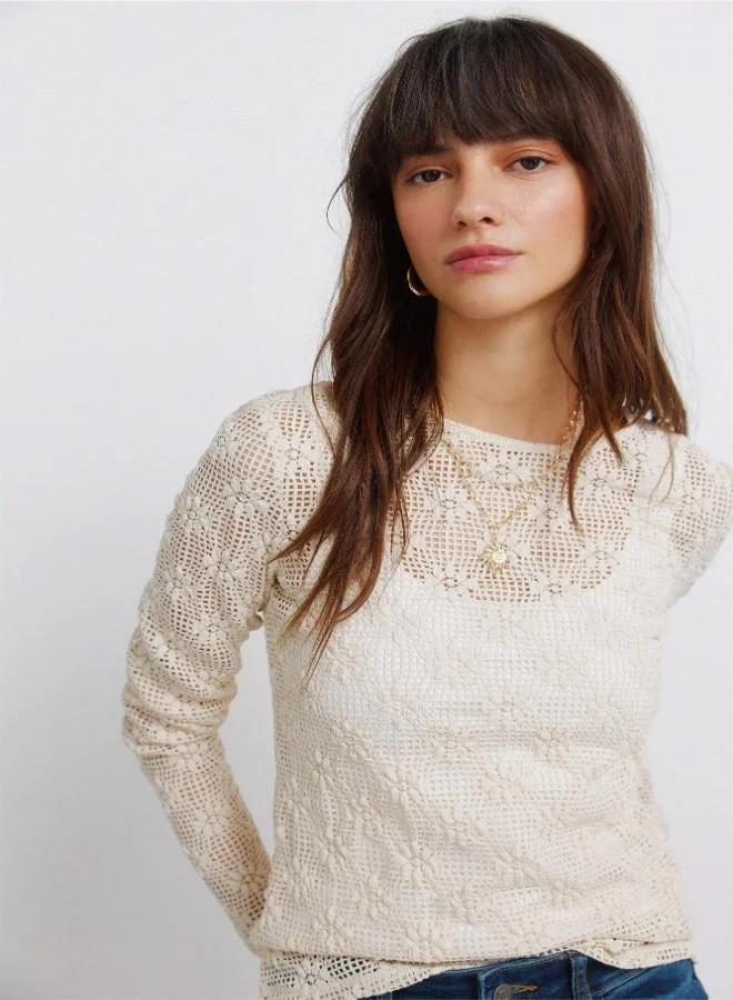 Springfield  Jersey-knit sheer floral border print funnel neck back-buttoned long sleeve T-shirt for Women | Best Price UAE