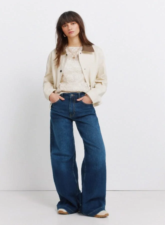 Springfield  Jersey-knit sheer floral border print funnel neck back-buttoned long sleeve T-shirt for Women | Best Price UAE