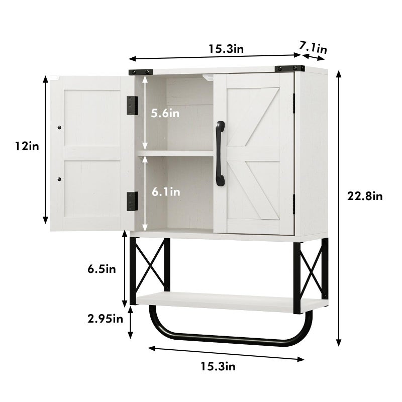 RUSTOWN Farmhouse Rustic Medicine Cabinet with Two Barn Door,Wood Wall Mounted Storage Cabinet with Adjustable Shelf and Towel Bar, 3-Tier Cabinet for Bathroom, Living Room(Vintage White) - Image 4