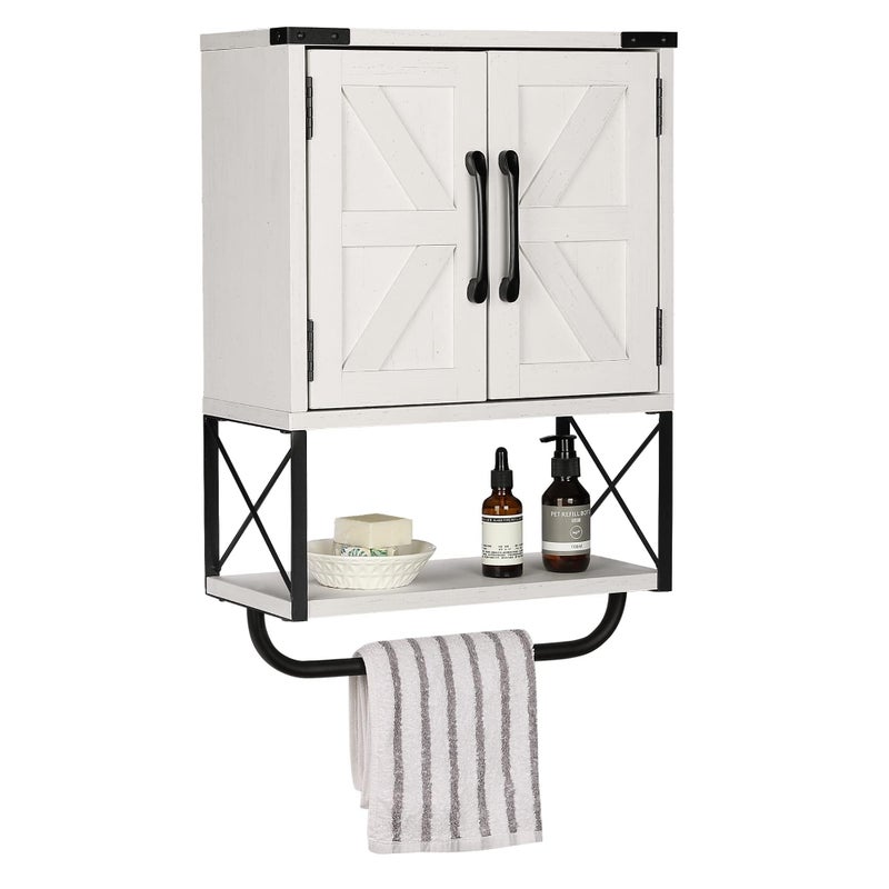 RUSTOWN Farmhouse Rustic Medicine Cabinet with Two Barn Door,Wood Wall Mounted Storage Cabinet with Adjustable Shelf and Towel Bar, 3-Tier Cabinet for Bathroom, Living Room(Vintage White) - Image 1