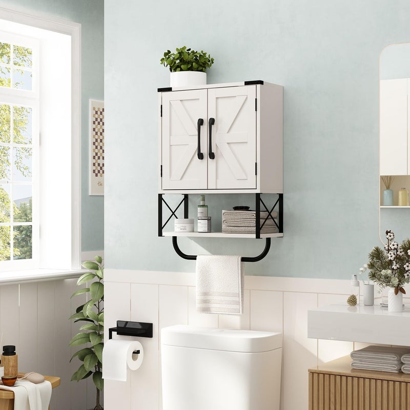 RUSTOWN Farmhouse Rustic Medicine Cabinet with Two Barn Door,Wood Wall Mounted Storage Cabinet with Adjustable Shelf and Towel Bar, 3-Tier Cabinet for Bathroom, Living Room(Vintage White) - Image 2