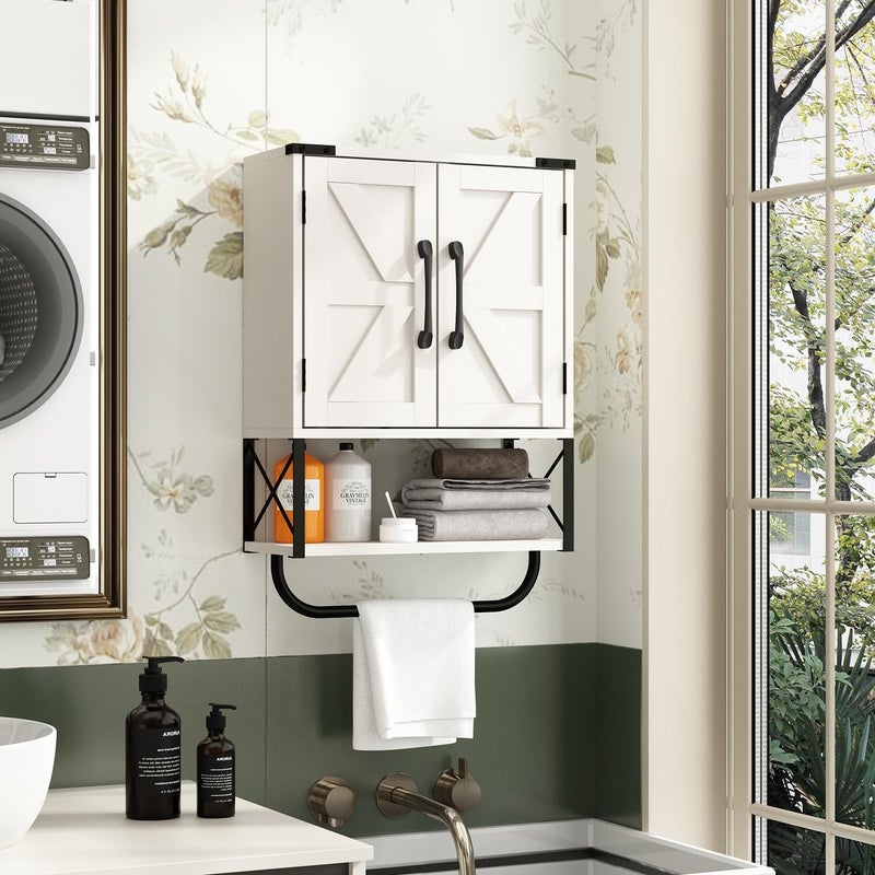 RUSTOWN Farmhouse Rustic Medicine Cabinet with Two Barn Door,Wood Wall Mounted Storage Cabinet with Adjustable Shelf and Towel Bar, 3-Tier Cabinet for Bathroom, Living Room(Vintage White) - Image 5