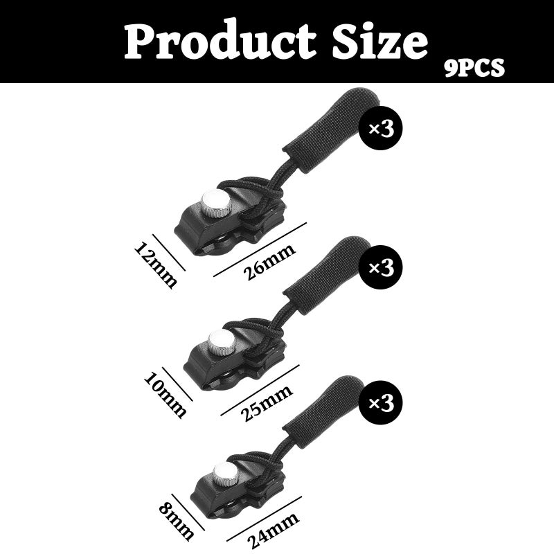 9PCS Universal Zipper Repair Kit, 3 Sizes Replacement Pulls & Sliders for Jackets, Backpacks, Luggage, Jeans - Instant No-Sew Fix for Broken Zippers, Includes Removable Tool (Black) - Image 2