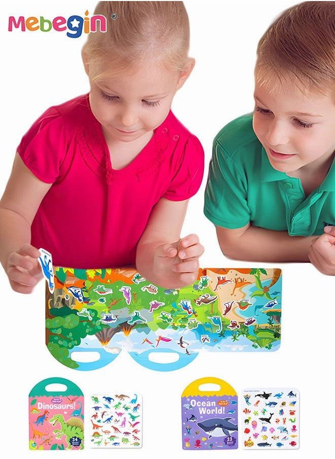 MEBEGIN 2 Pack Waterproof Montessori Busy Book with Dinosaur and Sea Themes, Reusable DIY Sticker Books with Handle, Fun Preschool Educational Toys, Perfect Portable Travel Toys for Kids, Easy to Use, Ideal Gift for Kids  - Image 2