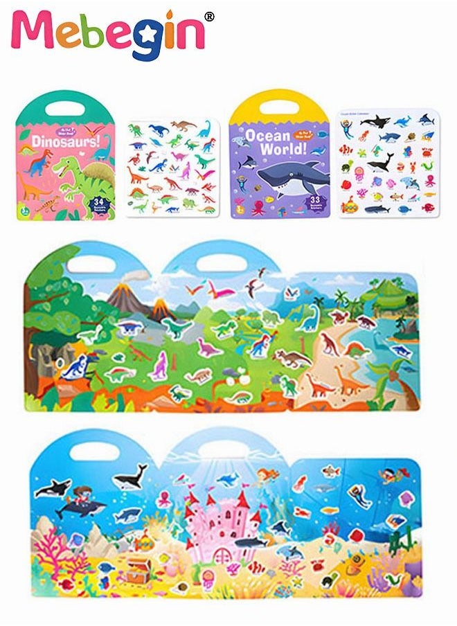 MEBEGIN 2 Pack Waterproof Montessori Busy Book with Dinosaur and Sea Themes, Reusable DIY Sticker Books with Handle, Fun Preschool Educational Toys, Perfect Portable Travel Toys for Kids, Easy to Use, Ideal Gift for Kids  - Image 1