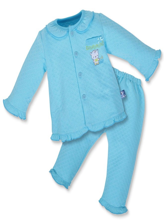Pokory Night Suit for Babies Full Sleeves Solid Hosiery Cotton Night Suits for Baby Boy and Baby Girl |Night Wear|Night Dress|Sleeping Tshirt and Pyjama Set-Turquoise Blue-Size-2 - Image 1