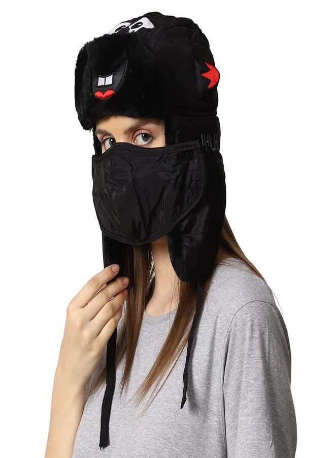Dressify® LEI FANG Women Ladies Girl's Russian Warm Woolen Winter Cap with mask Soft Snow Cap with Ear Flaps Black Color - Image 1