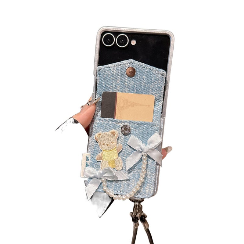 غطاء واقي بTPU لـ Samsung Galaxy Z Flip 4 مع حامل بطاقات وحامل قائم مع قبضة مضادة للانزلاق مع مغناطيس قوي باللون Denim Blue مضاد للانزلاق مغناطيسي بوظيفة حامل من مادة TPU - Image 3