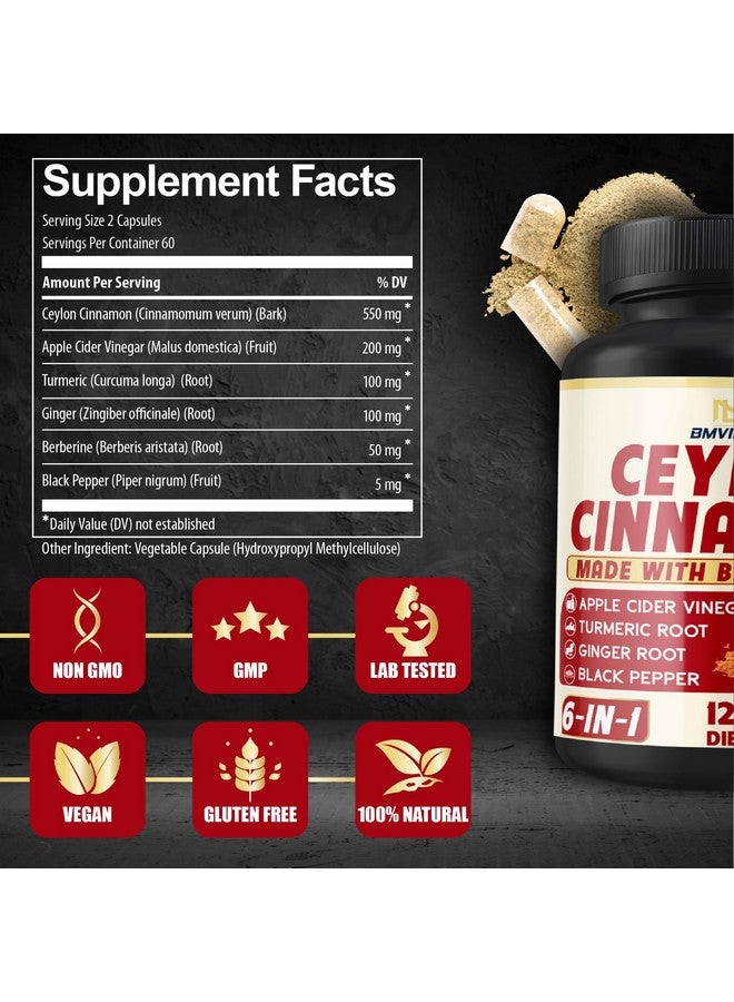 BMVINVOL Ceylon Cinnamon Capsules with Berberine HCl, Apple Cider Vinegar, Turmeric, Ginseng, Black Pepper - 6in1 for Support Immune Function - 120 Count - Image 2
