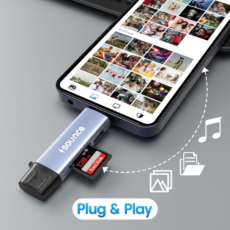 Sounce قارئ بطاقات معدني 6 في 1 مع OTG USB Type-C، قارئ بطاقات ذاكرة متعدد الوظائف USB 3.0 لـ TF، SD، Micro SD، SDHC، SDXC، MMC، RS-MMC، Micro SDXC - Image 4