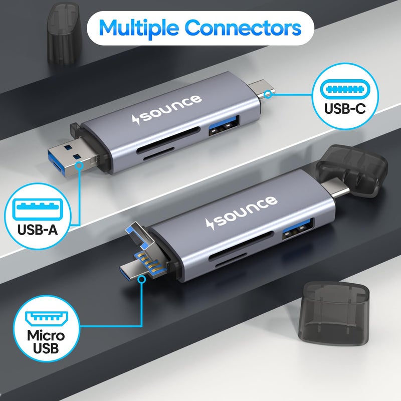 Sounce قارئ بطاقات معدني 6 في 1 مع OTG USB Type-C، قارئ بطاقات ذاكرة متعدد الوظائف USB 3.0 لـ TF، SD، Micro SD، SDHC، SDXC، MMC، RS-MMC، Micro SDXC - Image 5