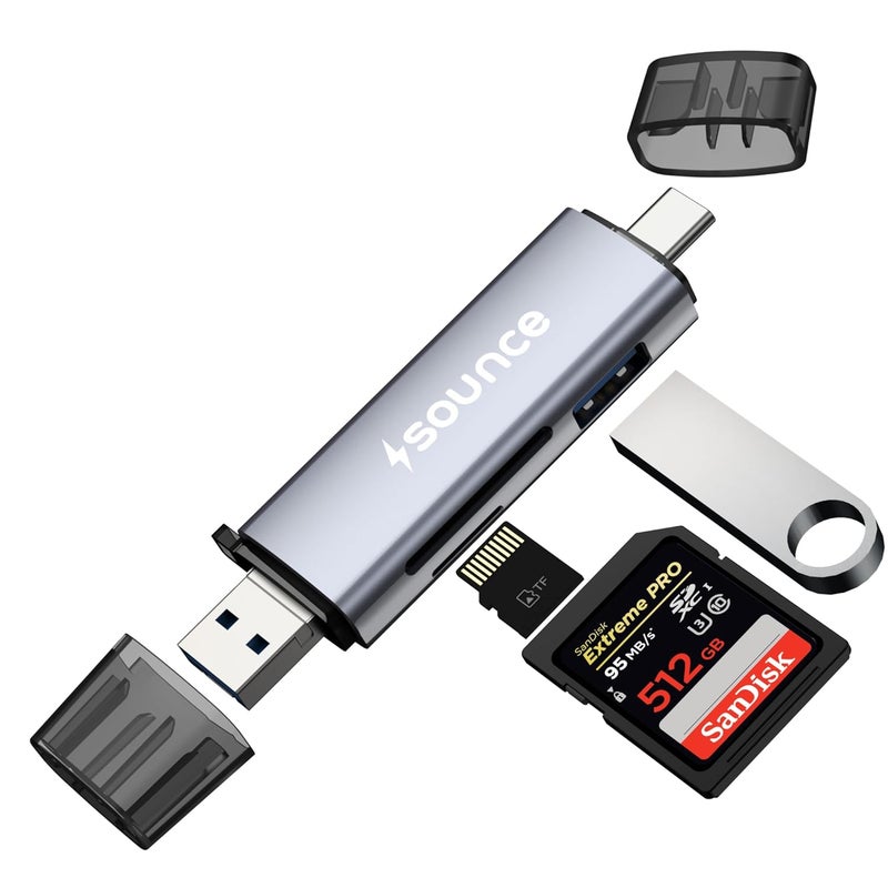 Sounce قارئ بطاقات معدني 6 في 1 مع OTG USB Type-C، قارئ بطاقات ذاكرة متعدد الوظائف USB 3.0 لـ TF، SD، Micro SD، SDHC، SDXC، MMC، RS-MMC، Micro SDXC - Image 1