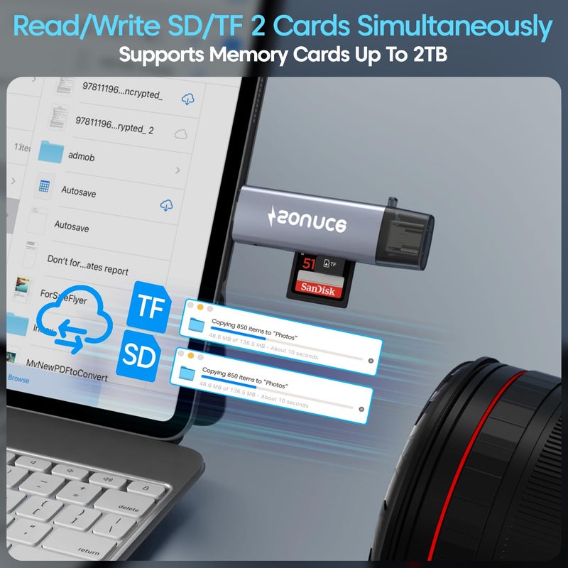 Sounce قارئ بطاقات معدني 6 في 1 مع OTG USB Type-C، قارئ بطاقات ذاكرة متعدد الوظائف USB 3.0 لـ TF، SD، Micro SD، SDHC، SDXC، MMC، RS-MMC، Micro SDXC - Image 3