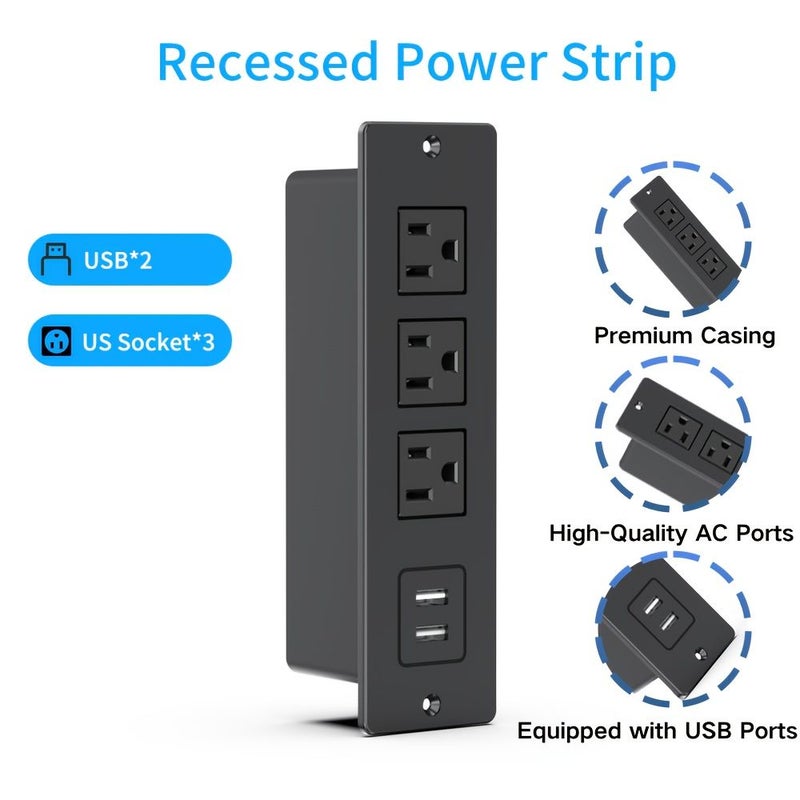 مأخذ طاقة غائر باللون الأسود مزود بـ 3 مقابس تيار متردد ومنفذي USB، بطول سلك طاقة 59 بوصة، تصميم منخفض الارتفاع يوفر المساحة وسهل التركيب للاستخدام على المكتب والطاولة والأثاث، مناسب للاستخدام المنزلي والمكتبي والتجاري، بنمط قابس أمريكي رقم 1. - Image 3