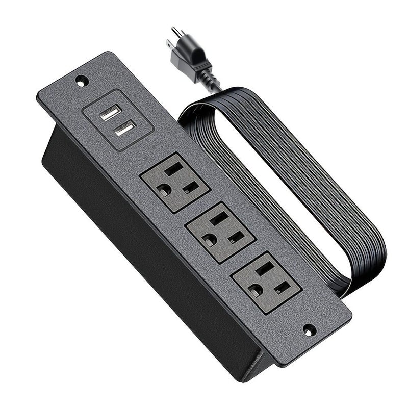 مأخذ طاقة غائر باللون الأسود مزود بـ 3 مقابس تيار متردد ومنفذي USB، بطول سلك طاقة 59 بوصة، تصميم منخفض الارتفاع يوفر المساحة وسهل التركيب للاستخدام على المكتب والطاولة والأثاث، مناسب للاستخدام المنزلي والمكتبي والتجاري، بنمط قابس أمريكي رقم 1. - Image 1